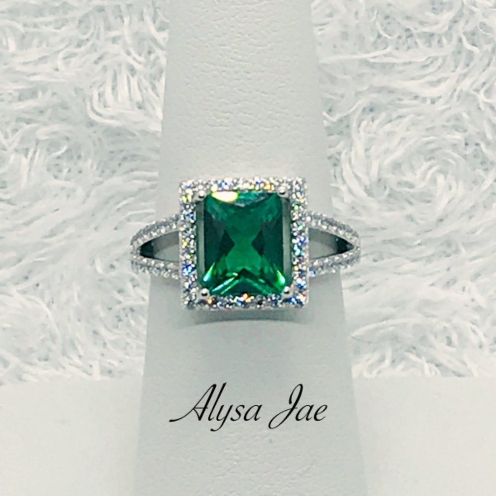 Sterling Silver/Rhodium Emerald Halo Ring, 7
